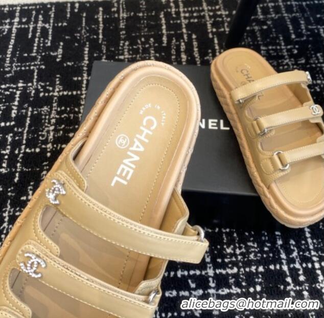 Buy Luxury Chanel Calfskin Flat Slides Sandal with Multi Strap Beige 0102154