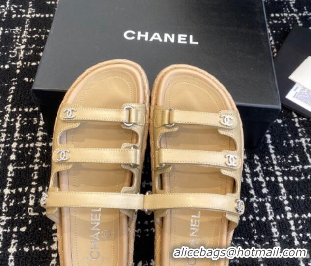 Buy Luxury Chanel Calfskin Flat Slides Sandal with Multi Strap Beige 0102154