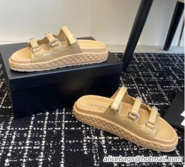 Buy Luxury Chanel Calfskin Flat Slides Sandal with Multi Strap Beige 0102154