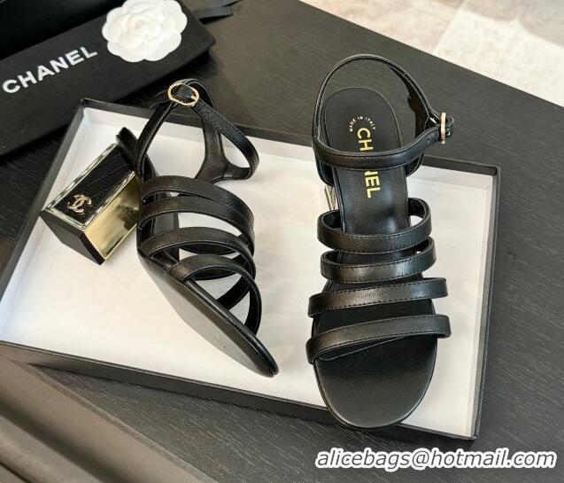 Popular Style Chanel Lambskin Strap Heel Sandals 7cm Black 0103003