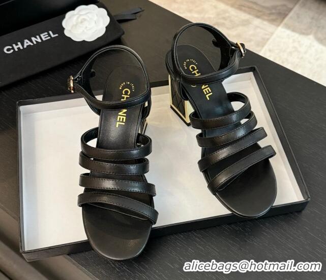 Popular Style Chanel Lambskin Strap Heel Sandals 7cm Black 0103003