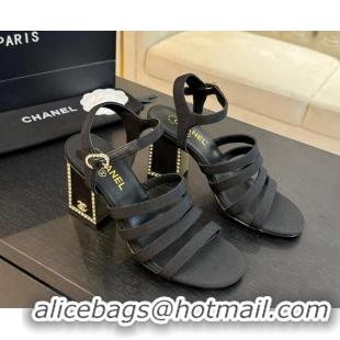 Shop Duplicate Chanel Fabric Strap Heel Sandals 7cm with Strass Black 0103004