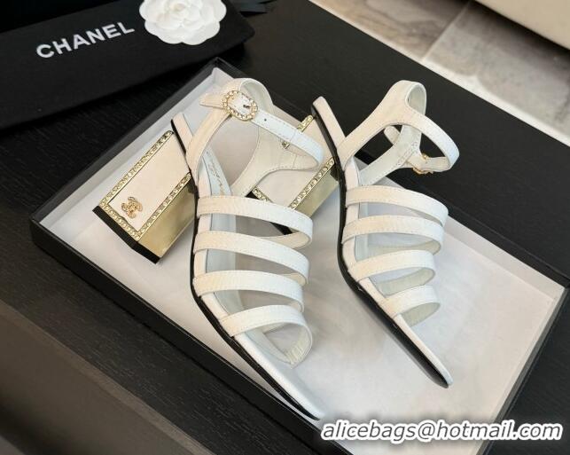 Charming Chanel Fabric Strap Heel Sandals 7cm with Strass White 0103005