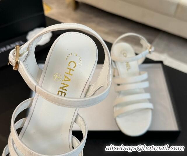 Charming Chanel Fabric Strap Heel Sandals 7cm with Strass White 0103005