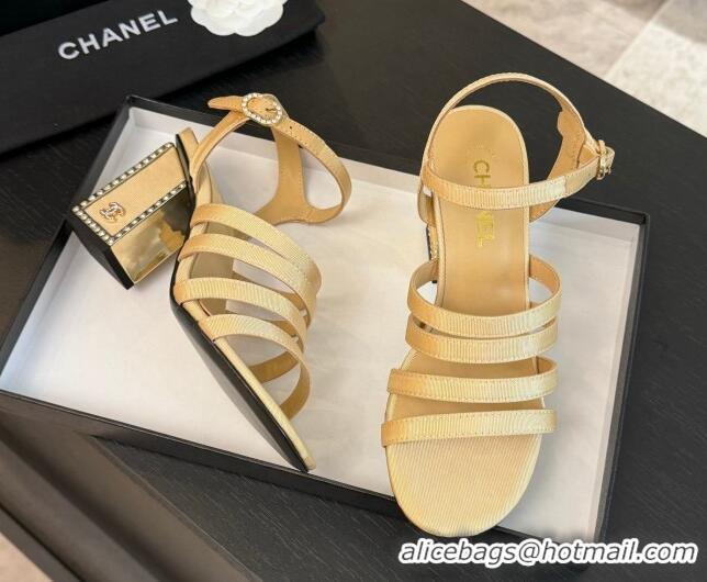 Top Grade Chanel Fabric Strap Heel Sandals 7cm with Strass Beige 0103006