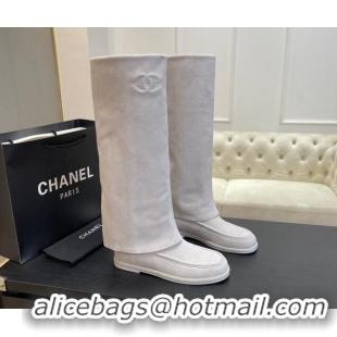 Good Quality Chanel Suede Foldover Flat High Boots Light Grey 0103007