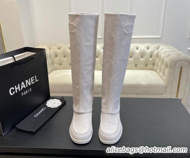 Good Quality Chanel Suede Foldover Flat High Boots Light Grey 0103007