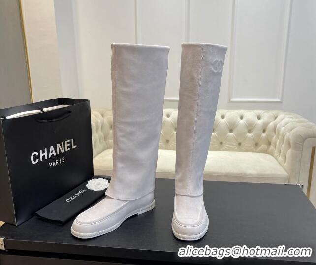 Good Quality Chanel Suede Foldover Flat High Boots Light Grey 0103007