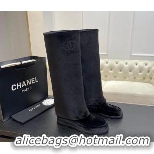 Good Looking Chanel Velvet Foldover Flat High Boots Black 0103008