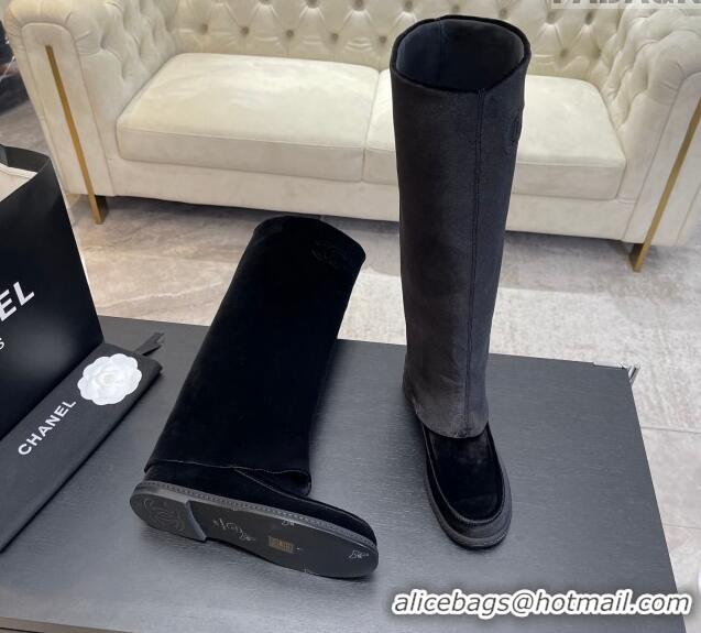 Good Looking Chanel Velvet Foldover Flat High Boots Black 0103008