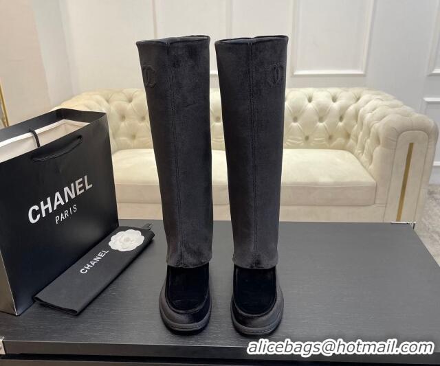 Good Looking Chanel Velvet Foldover Flat High Boots Black 0103008