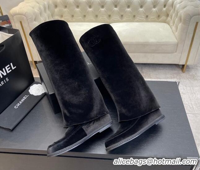 Good Looking Chanel Velvet Foldover Flat High Boots Black 0103008