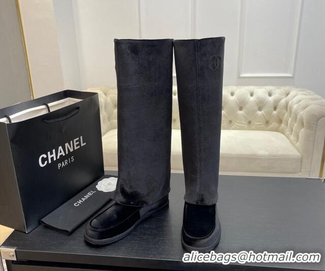 Good Looking Chanel Velvet Foldover Flat High Boots Black 0103008