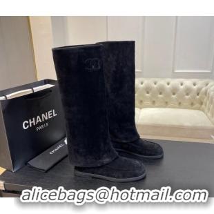 Pretty Style Chanel Suede Foldover Flat High Boots Black 0103009