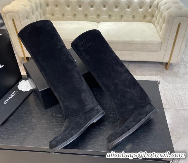 Pretty Style Chanel Suede Foldover Flat High Boots Black 0103009