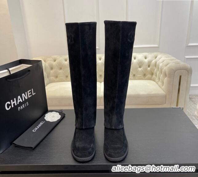 Pretty Style Chanel Suede Foldover Flat High Boots Black 0103009