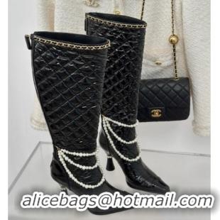 Grade Quality Chanel Down Cloth & Patent Leather Heel High Boots 8cm with Pearls Black 0103010