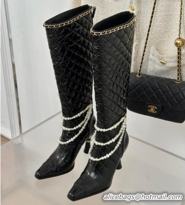 Grade Quality Chanel Down Cloth & Patent Leather Heel High Boots 8cm with Pearls Black 0103010