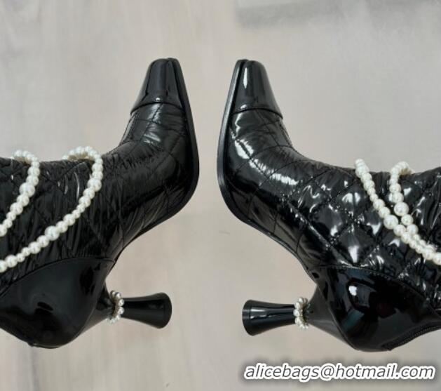 Grade Quality Chanel Down Cloth & Patent Leather Heel High Boots 8cm with Pearls Black 0103010