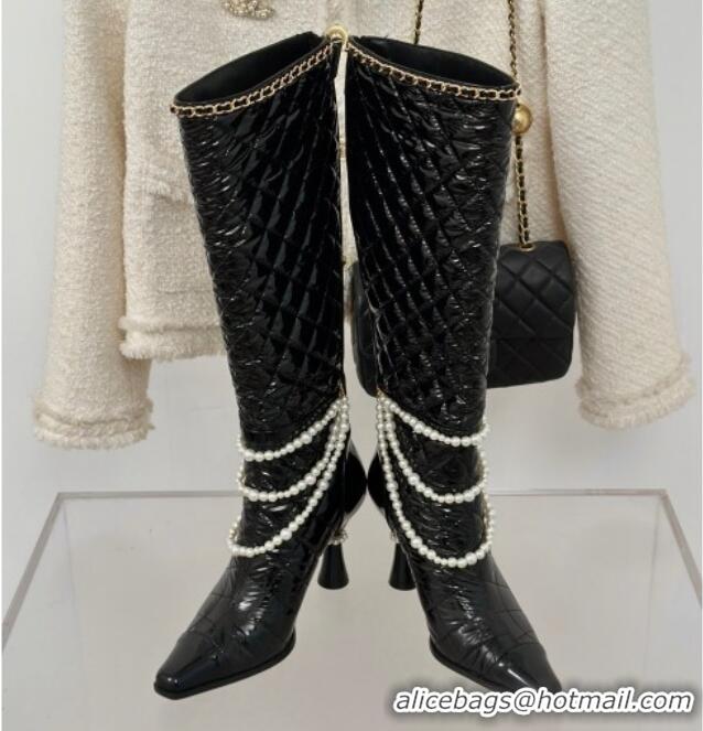 Grade Quality Chanel Down Cloth & Patent Leather Heel High Boots 8cm with Pearls Black 0103010