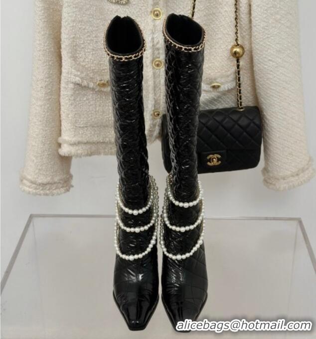 Grade Quality Chanel Down Cloth & Patent Leather Heel High Boots 8cm with Pearls Black 0103010