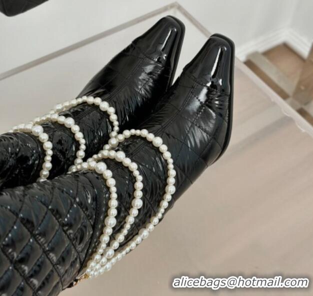 Grade Quality Chanel Down Cloth & Patent Leather Heel High Boots 8cm with Pearls Black 0103010