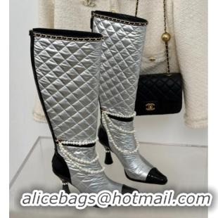 Best Grade Chanel Down Cloth & Patent Leather Heel High Boots 8cm with Pearls Silver 0103011