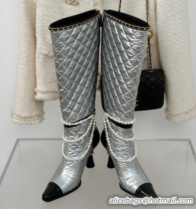 Best Grade Chanel Down Cloth & Patent Leather Heel High Boots 8cm with Pearls Silver 0103011