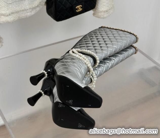 Best Grade Chanel Down Cloth & Patent Leather Heel High Boots 8cm with Pearls Silver 0103011