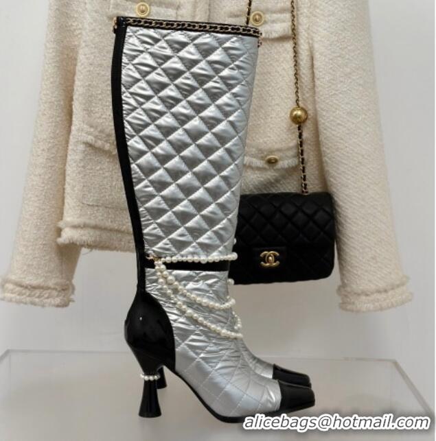 Best Grade Chanel Down Cloth & Patent Leather Heel High Boots 8cm with Pearls Silver 0103011