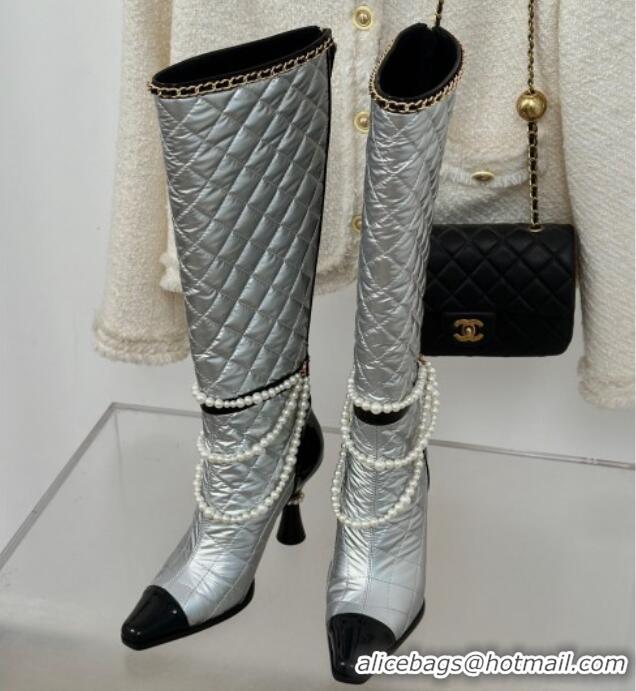 Best Grade Chanel Down Cloth & Patent Leather Heel High Boots 8cm with Pearls Silver 0103011