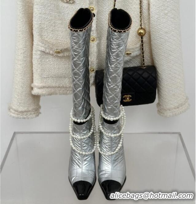 Best Grade Chanel Down Cloth & Patent Leather Heel High Boots 8cm with Pearls Silver 0103011