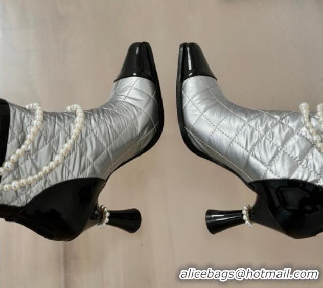 Best Grade Chanel Down Cloth & Patent Leather Heel High Boots 8cm with Pearls Silver 0103011