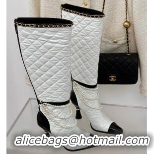 Trendy Design Chanel Down Cloth & Patent Leather Heel High Boots 8cm with Pearls White 0103012