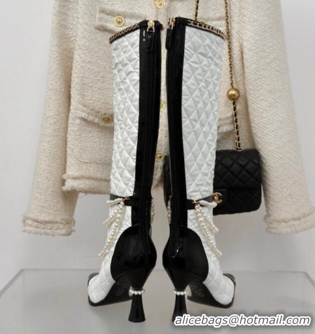 Trendy Design Chanel Down Cloth & Patent Leather Heel High Boots 8cm with Pearls White 0103012