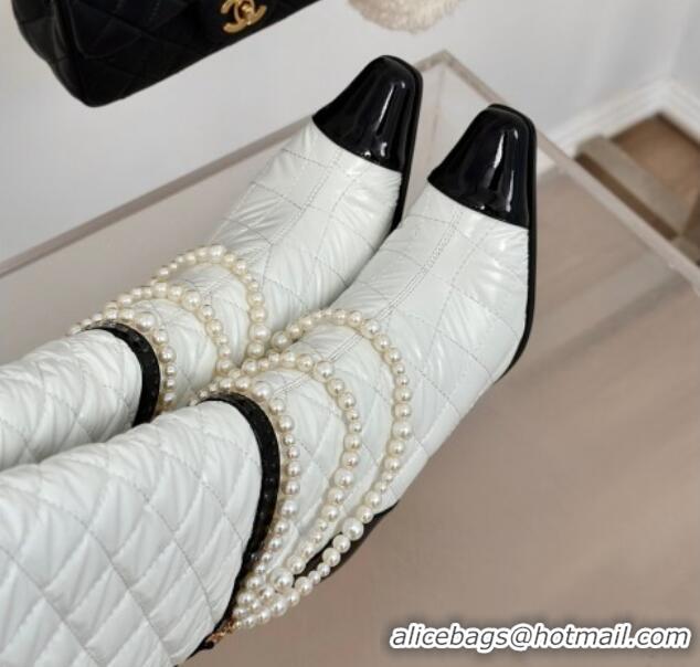 Trendy Design Chanel Down Cloth & Patent Leather Heel High Boots 8cm with Pearls White 0103012