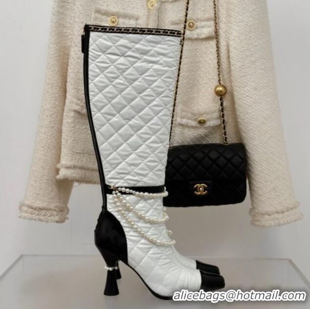 Trendy Design Chanel Down Cloth & Patent Leather Heel High Boots 8cm with Pearls White 0103012