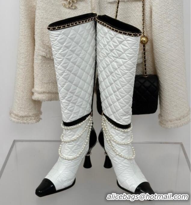 Trendy Design Chanel Down Cloth & Patent Leather Heel High Boots 8cm with Pearls White 0103012