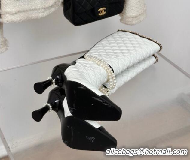 Trendy Design Chanel Down Cloth & Patent Leather Heel High Boots 8cm with Pearls White 0103012