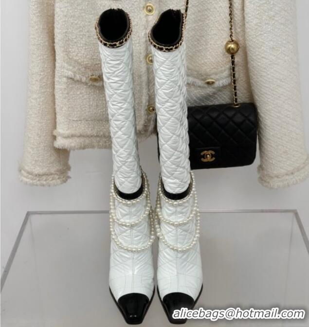 Trendy Design Chanel Down Cloth & Patent Leather Heel High Boots 8cm with Pearls White 0103012