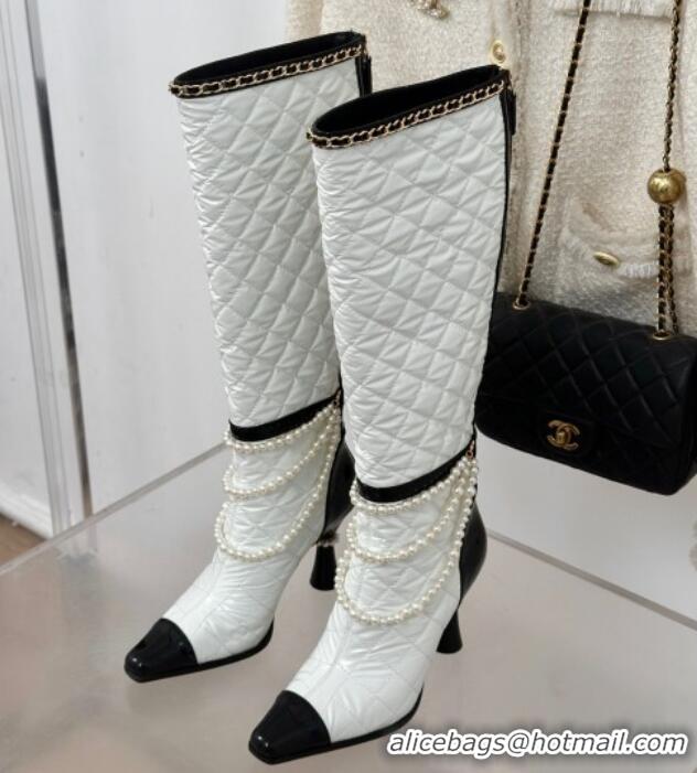 Trendy Design Chanel Down Cloth & Patent Leather Heel High Boots 8cm with Pearls White 0103012