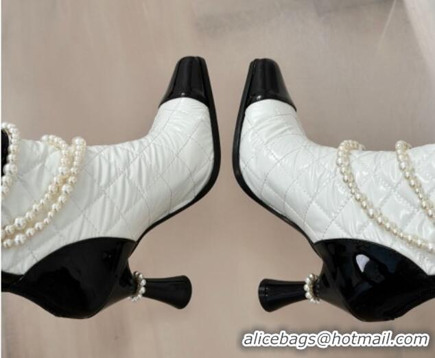 Trendy Design Chanel Down Cloth & Patent Leather Heel High Boots 8cm with Pearls White 0103012