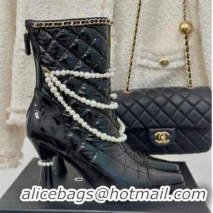 Low Cost Chanel Down Cloth & Patent Leather Heel Ankle Boots 8cm with Pearls Black 0103013