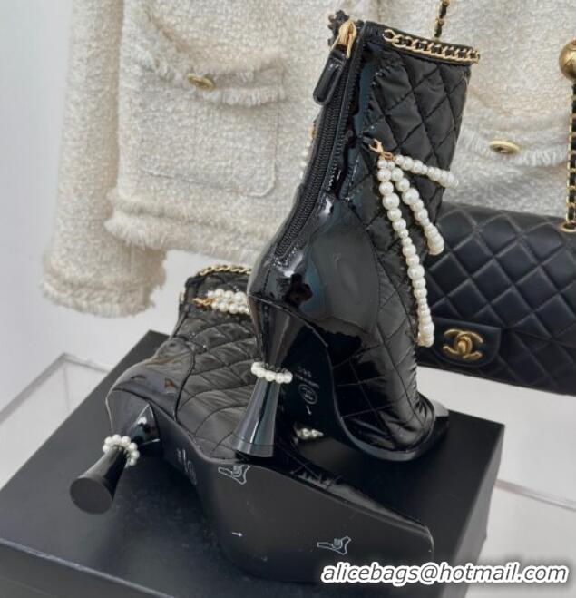 Low Cost Chanel Down Cloth & Patent Leather Heel Ankle Boots 8cm with Pearls Black 0103013