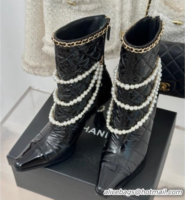 Low Cost Chanel Down Cloth & Patent Leather Heel Ankle Boots 8cm with Pearls Black 0103013