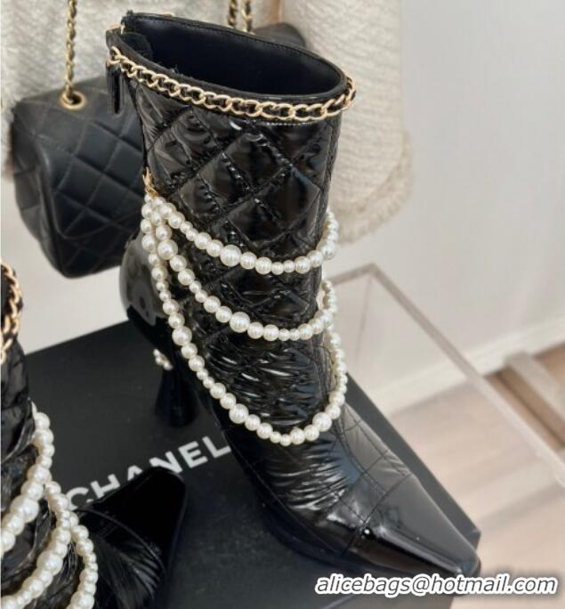 Low Cost Chanel Down Cloth & Patent Leather Heel Ankle Boots 8cm with Pearls Black 0103013