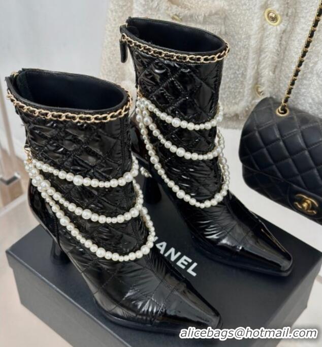 Low Cost Chanel Down Cloth & Patent Leather Heel Ankle Boots 8cm with Pearls Black 0103013