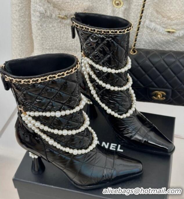 Low Cost Chanel Down Cloth & Patent Leather Heel Ankle Boots 8cm with Pearls Black 0103013