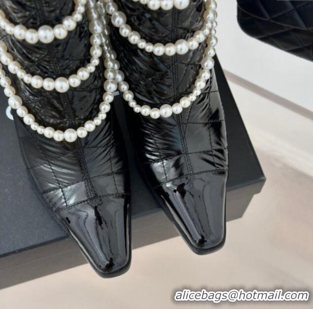 Low Cost Chanel Down Cloth & Patent Leather Heel Ankle Boots 8cm with Pearls Black 0103013