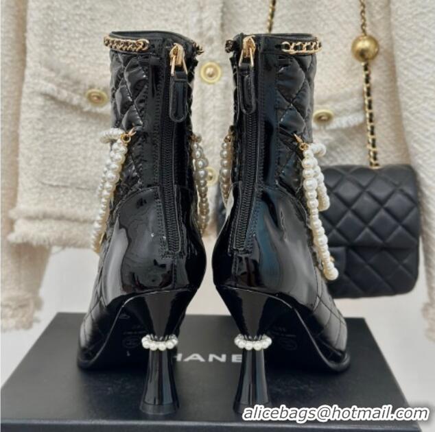 Low Cost Chanel Down Cloth & Patent Leather Heel Ankle Boots 8cm with Pearls Black 0103013